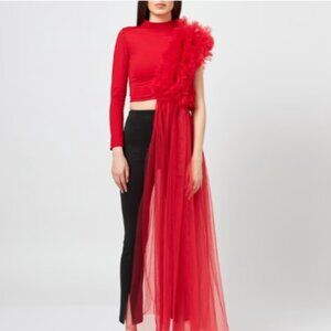 Lia Aram Red Tulle Asymmetrical Long Sleeve Top